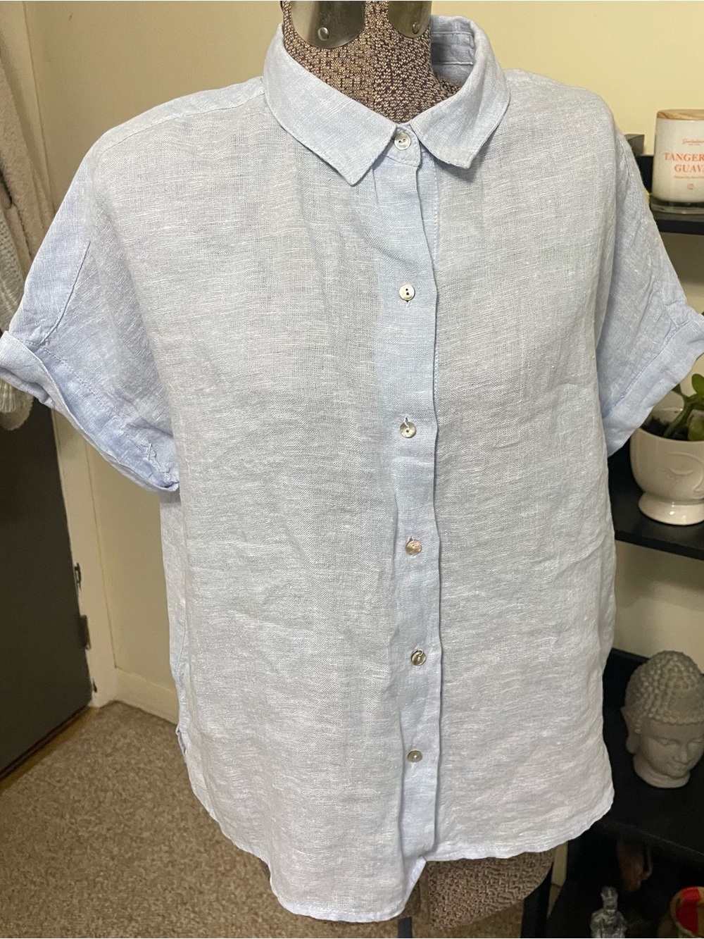 Tahari Pale Blue Short Sleeve Linen Button-Down Shirt